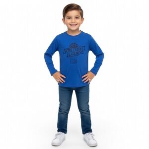 Blue long-sleeve T-shirt is a kids' graphic tee featuring a basketball design